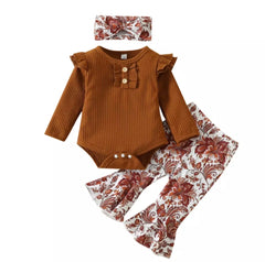 Brown Floral Flared Pants Set.