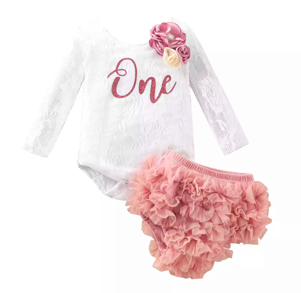Girls First Birthday Lace “One” Long Sleeve Romper + Bloomers Set  - White.