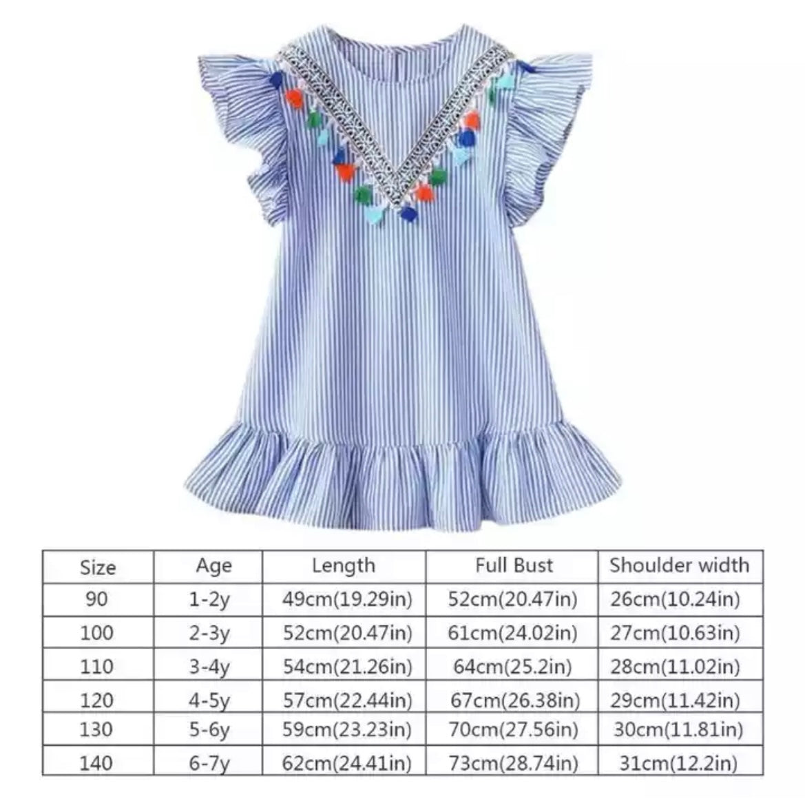 Girls Boho Tassel Stripe Summer Dress - Blue.