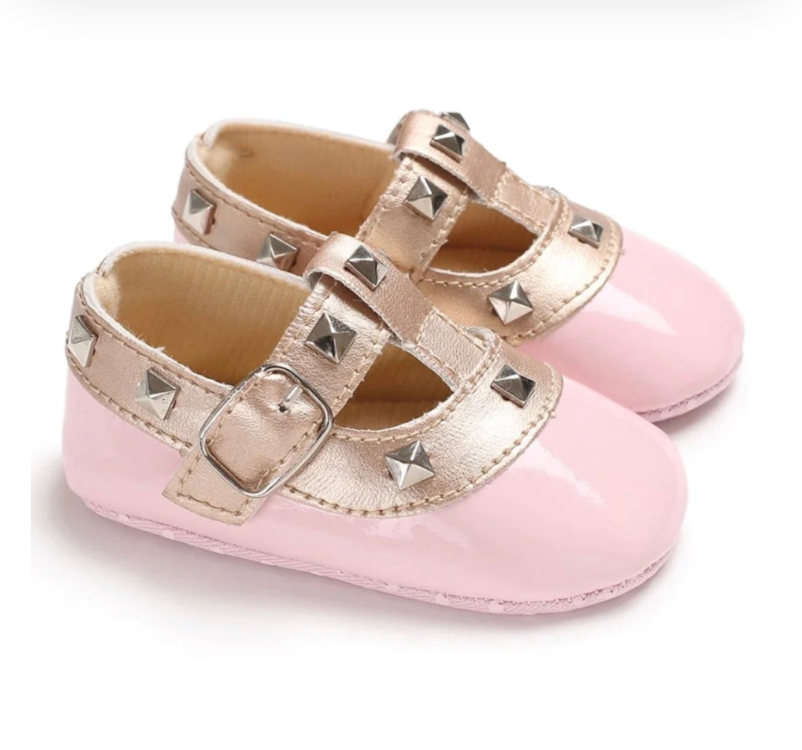 Baby Patent Studded T-Bar Shoes  - Pink.