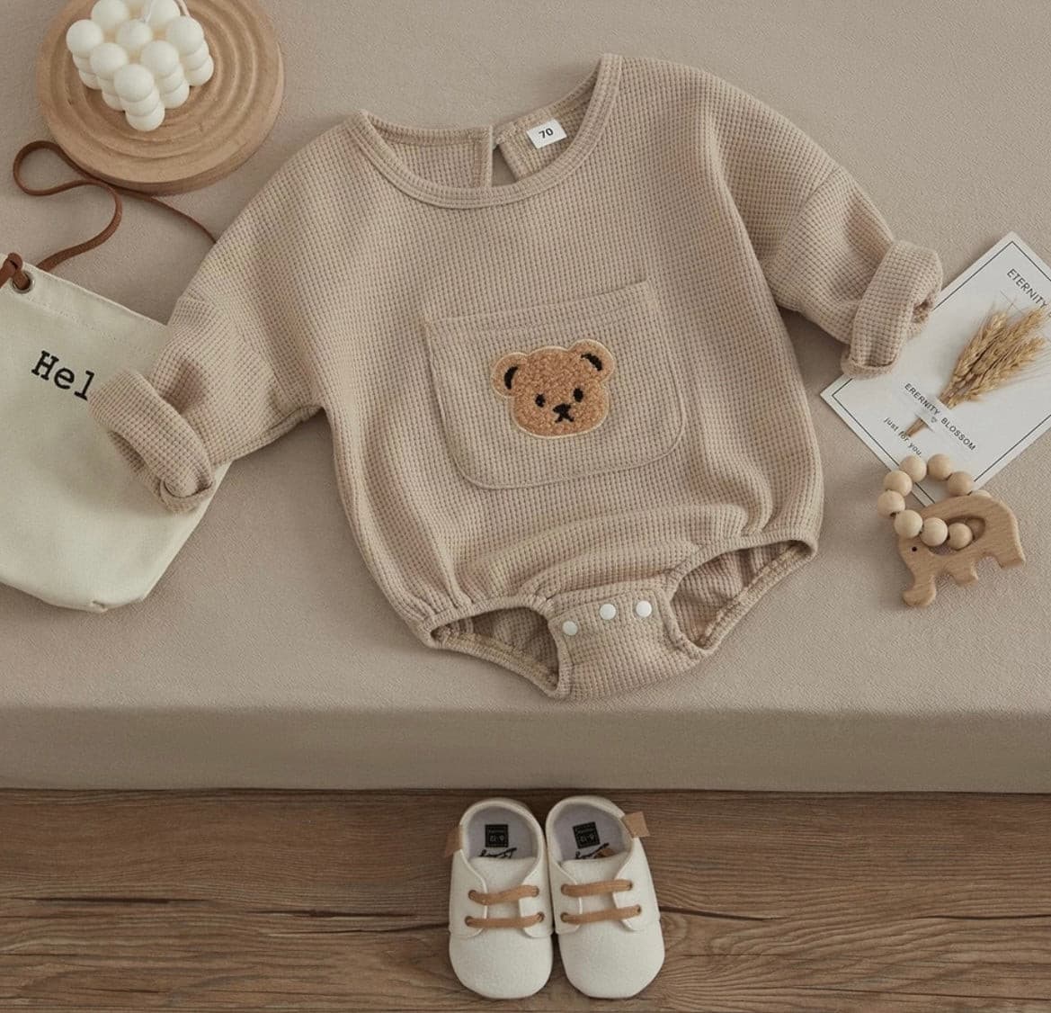 Little Bear - Waffle Knit Cotton Baby Oversized Romper.