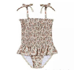 Toddler Girls Swimsuit , Beige Ruched Floral, from 12 months-12 years.