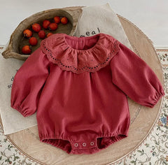 Sarah - Classic Frill Collar Romper - Rust Red.