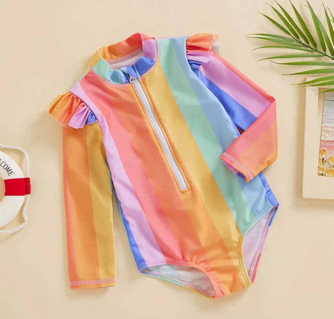 Girls Rainbow Long Sleeve Frill UV suit - Rainbow Multi.