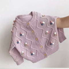 Girls Pom Pom Knitted Cardigan - Lilac Purple Multi.