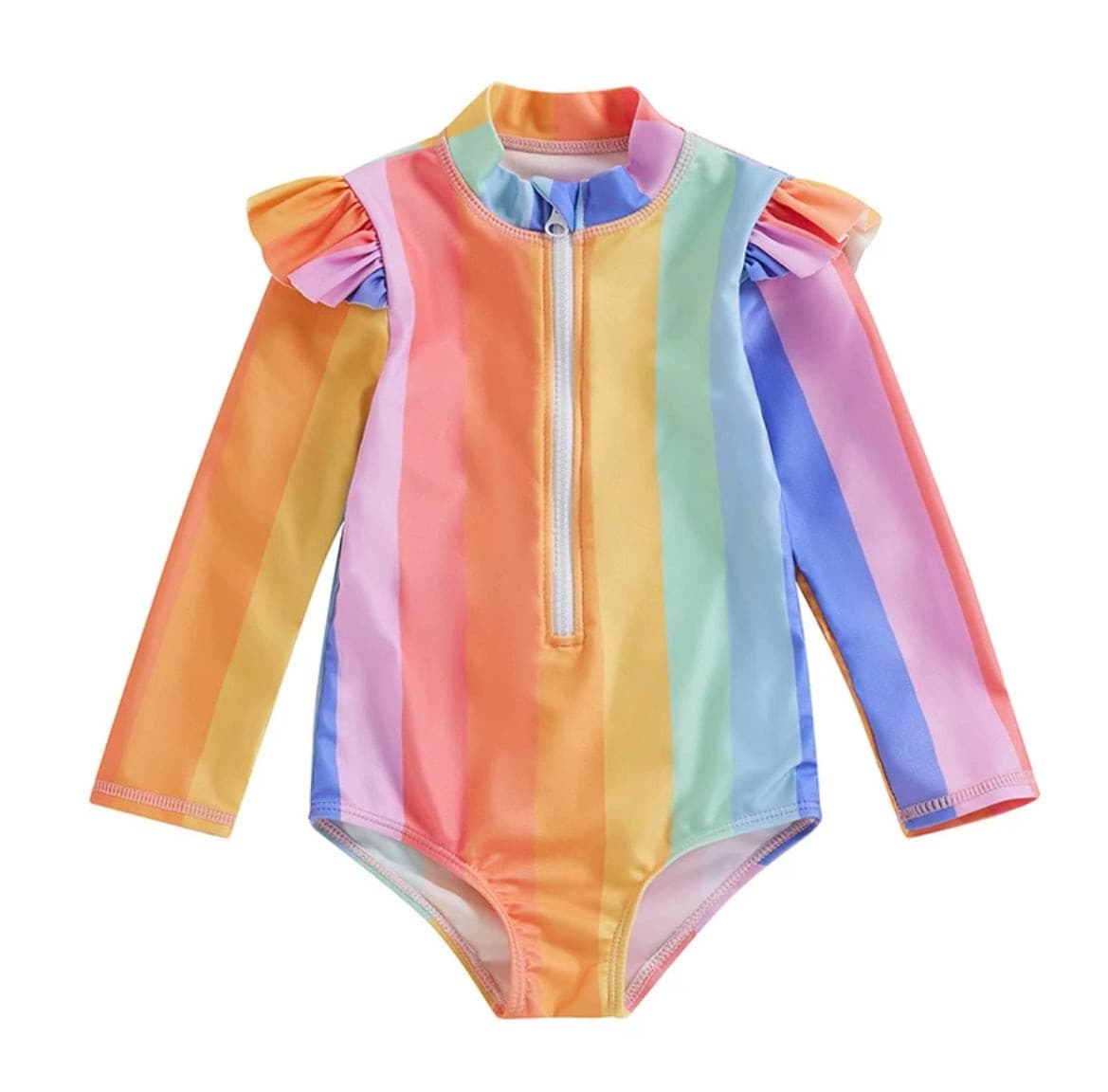 Girls Rainbow Long Sleeve Frill UV suit - Rainbow Multi.