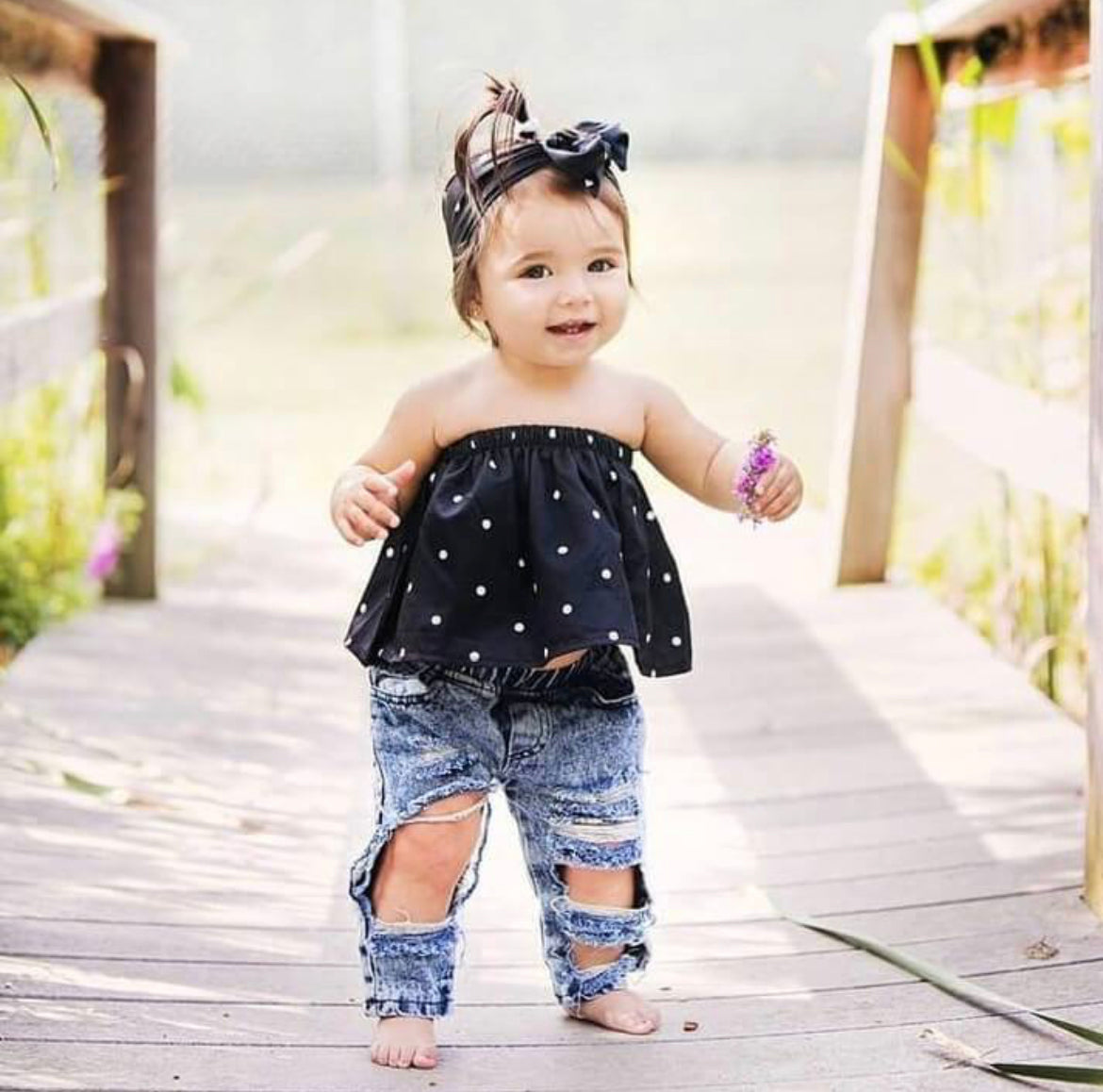 Polka Dot Top & Denim Jeans Set.