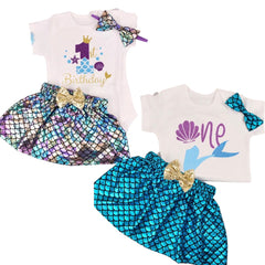 First Birthday One Romper - Mermaid Theme , Blue.