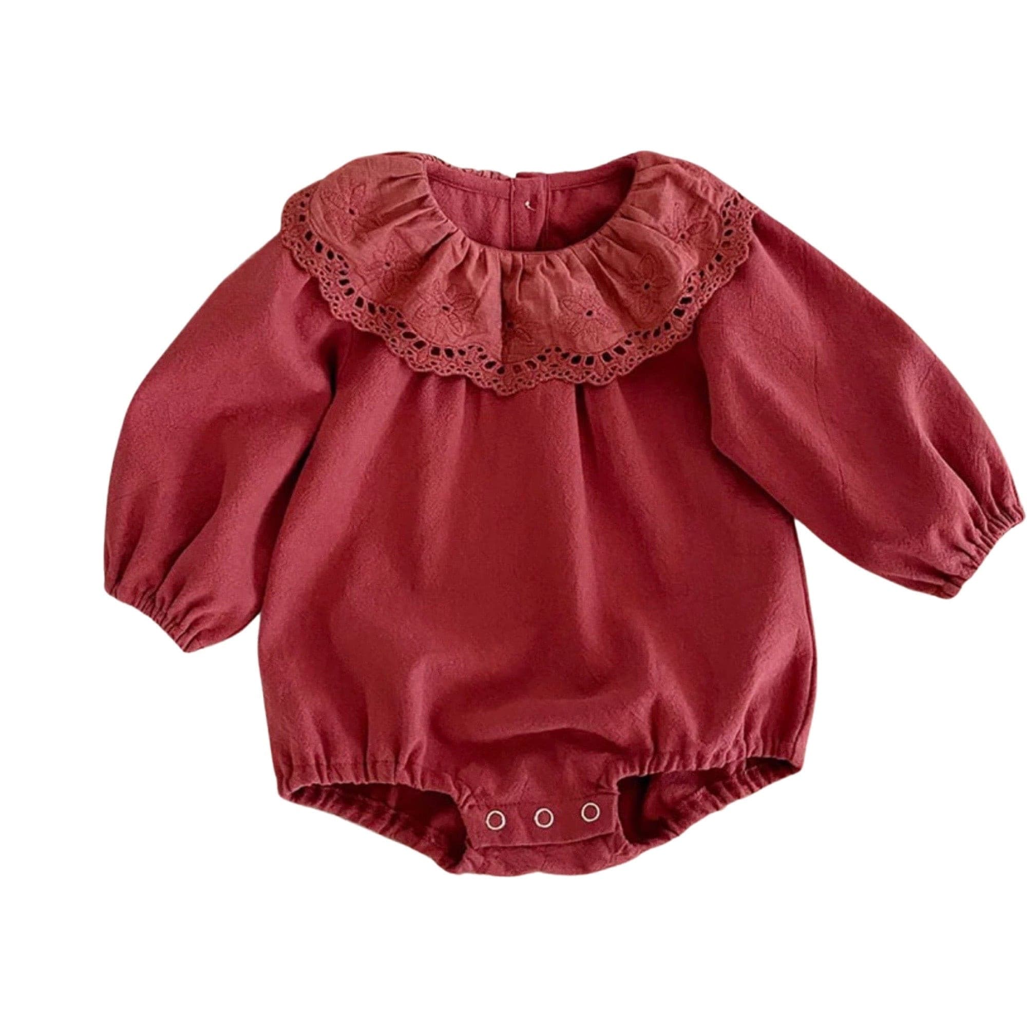 Sarah - Classic Frill Collar Romper - Rust Red.