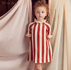 Girls 100% Cotton Knitted Stripe Dress - Red.