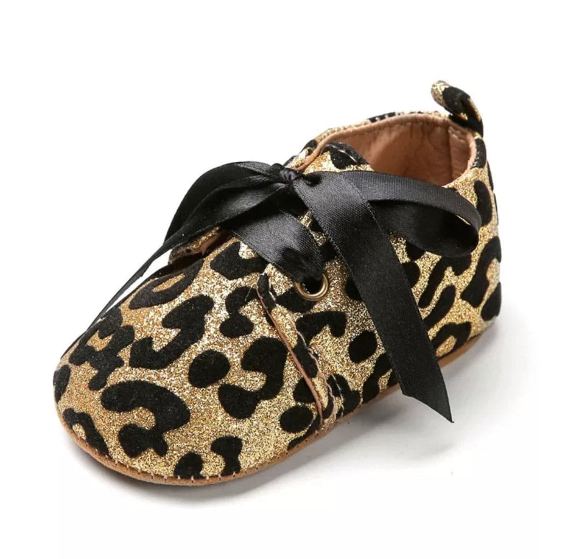 Glitterati- Gold Leopard Glitter Baby Shoes - First Walker Vegan Leaher with Velcro Straps.