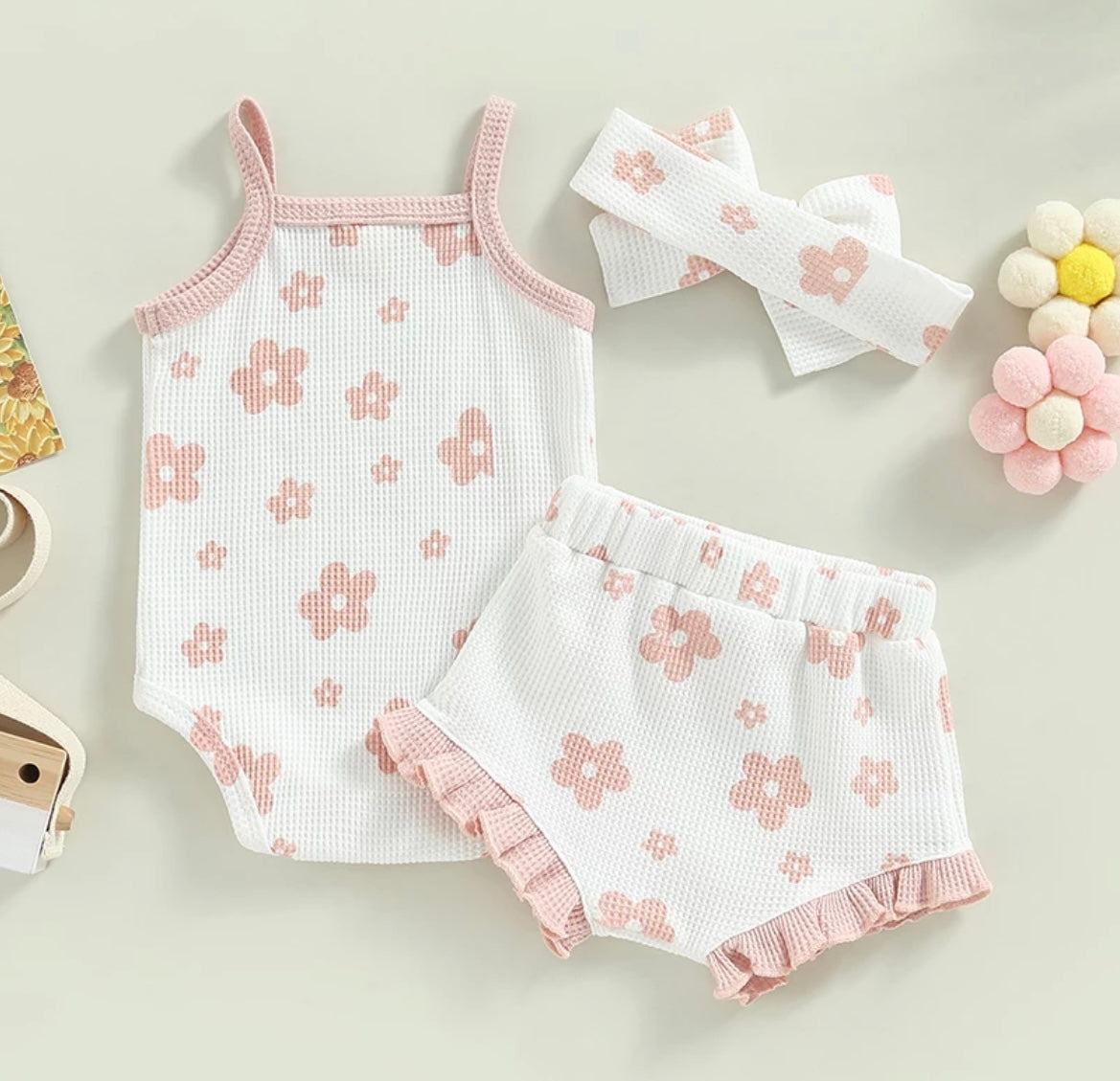 Daisy Waffle Romper Sets - Pink & White.