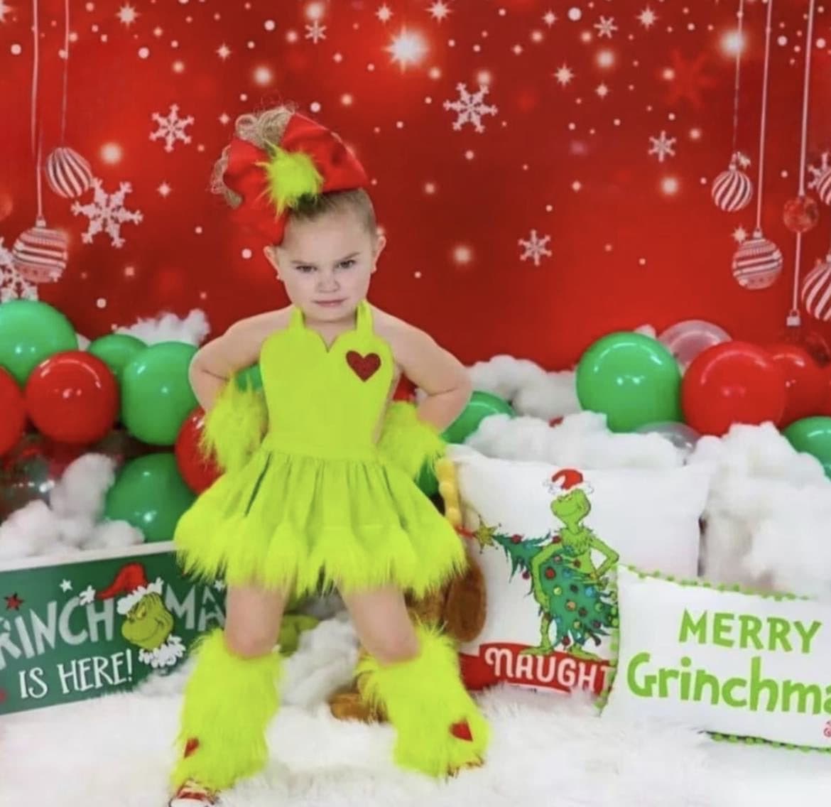 Green Grinch Dress - Baby Girl Faux Fur Dress And Leg Warmer Socks.