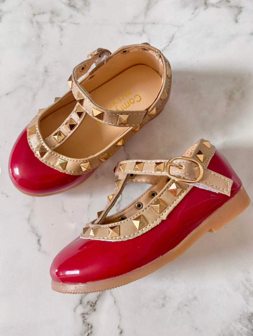 Valerie -Rockstar Stud Patent Leather Girl Shoes - Red.