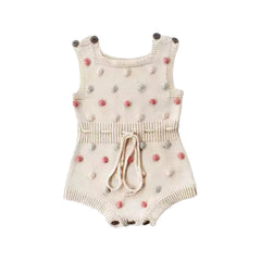 Baby Girl Knitted Romper with Bobbles / Pom Pom - Natural / Multi.