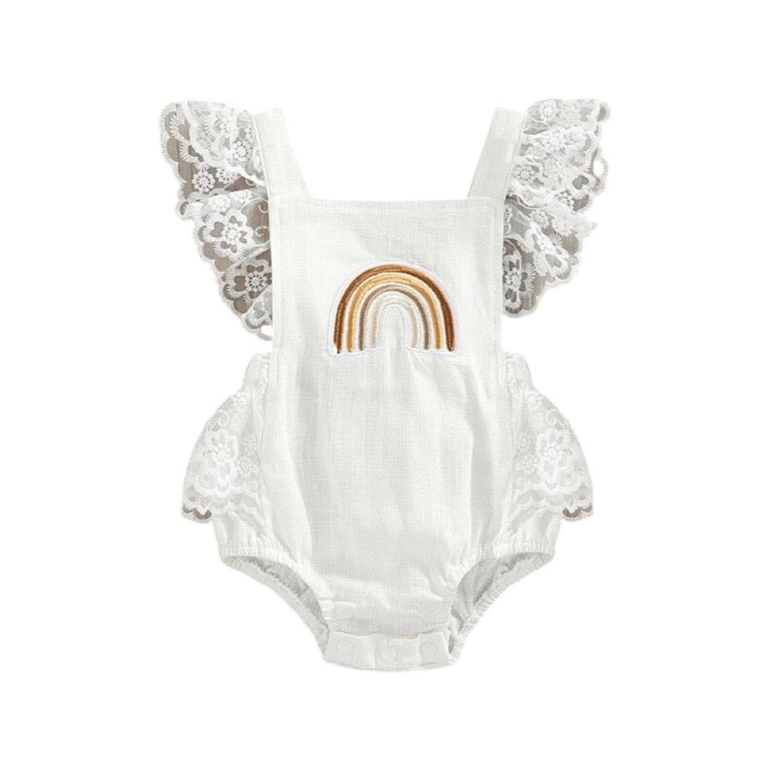 Summer Baby Girls Romper Lace Fly Sleeve Rainbow Romper - Ivory.