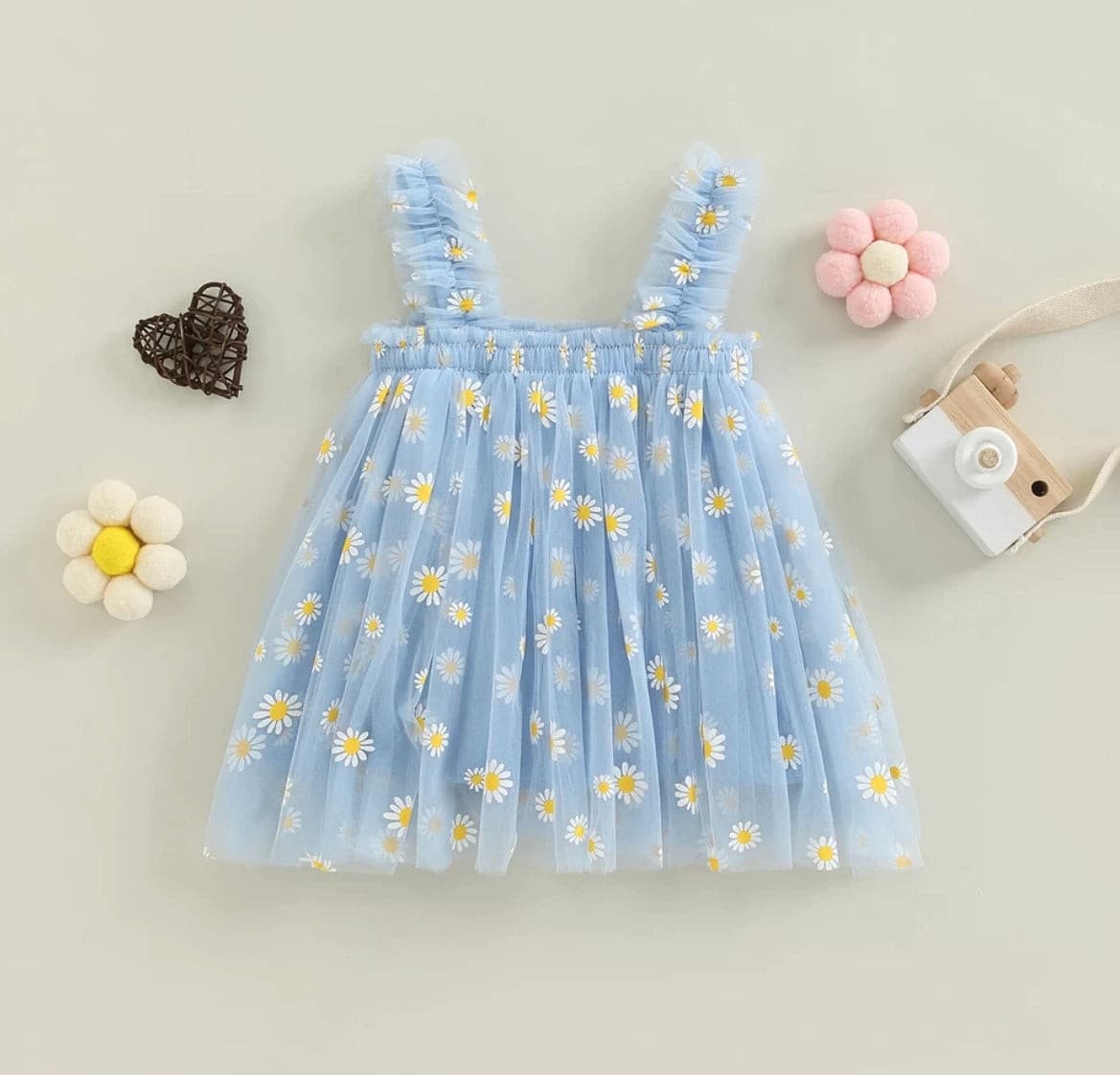 Girls Tulle Tutu Dress with Daisies - Sky Blue.