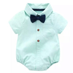 Baby Boy Shirt Romper + Bow tie - Mint Pinstripe.