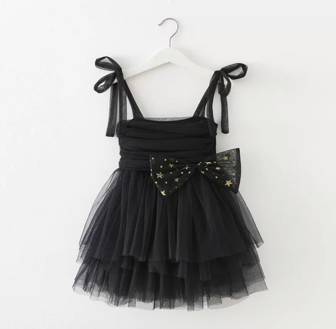 Tulle Layer Dress with Glitter Bow - Black.