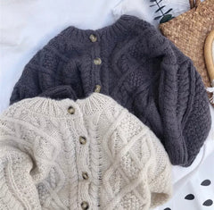 Knitted Crochet  Cardigan Jumper - Oatmeal.