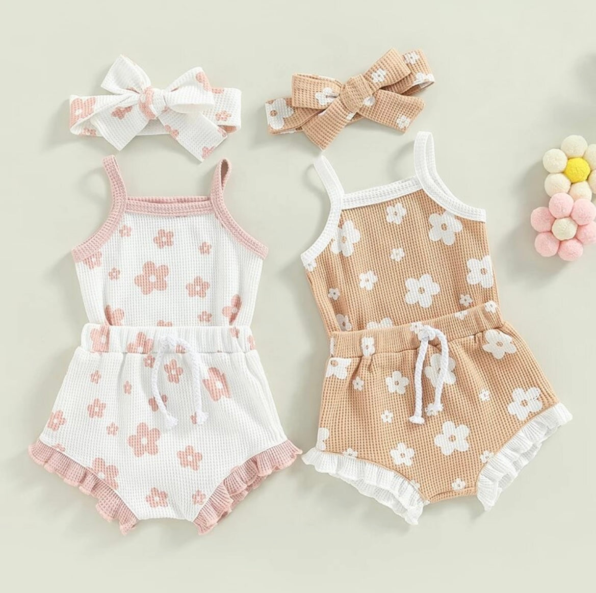 Daisy Waffle Romper Sets - Pink & White.