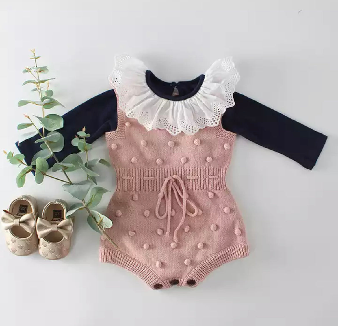 Baby Girl Knitted Romper with Bobbles / Pom Pom - Dusty Pink.