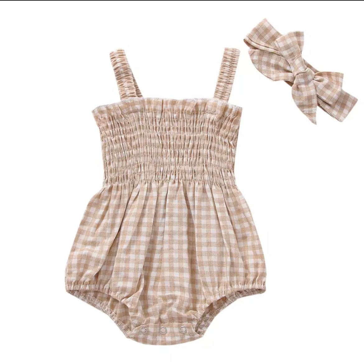 Ally Romper - Gingham print with matching headband.