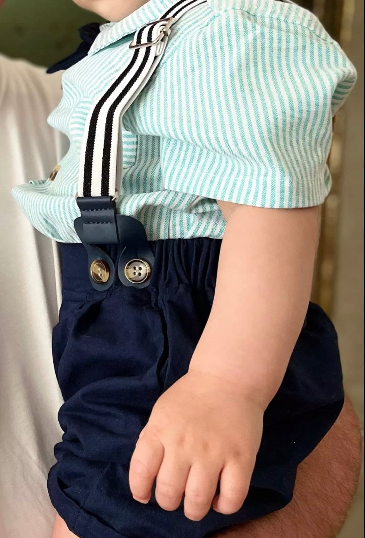 Baby Boy Shirt Romper + Bow tie - Mint Pinstripe.