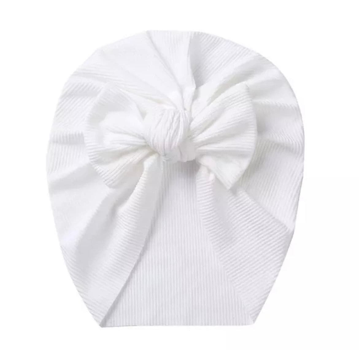 Ribbed Baby Plain Stretchy Bow Knot Turban - White.