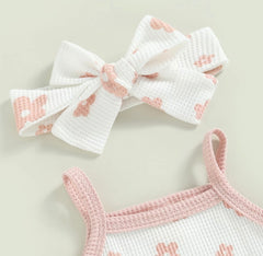 Daisy Waffle Romper Sets - Pink & White.