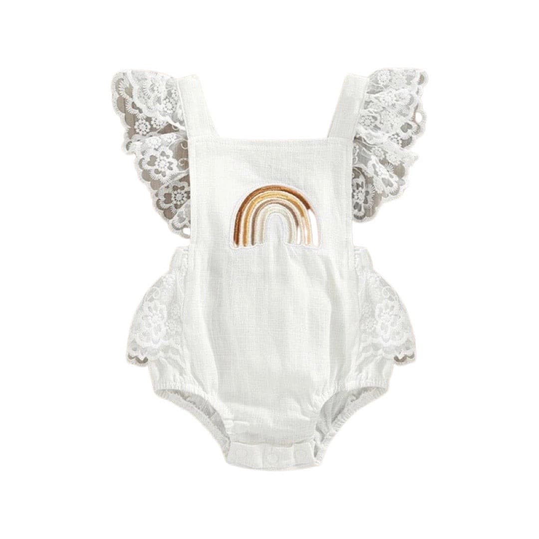 Summer Baby Girls Romper Lace Fly Sleeve Rainbow Romper - Ivory.