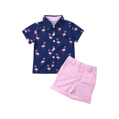 Boys Flamingo Button Shirt & Pink Shorts Set.