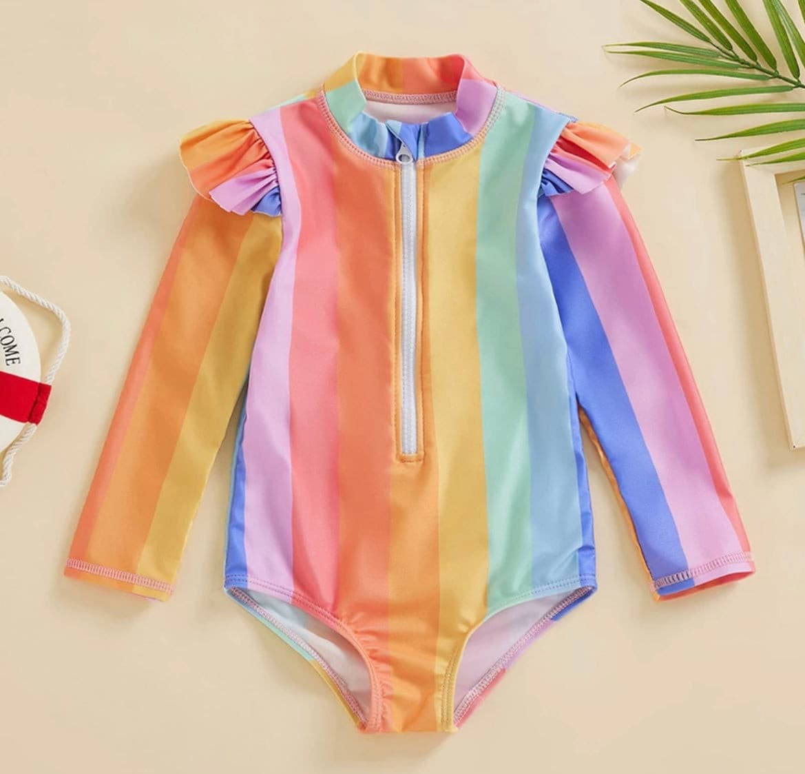 Girls Rainbow Long Sleeve Frill UV suit - Rainbow Multi.