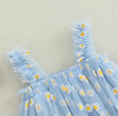 Girls Tulle Tutu Dress with Daisies - Sky Blue.