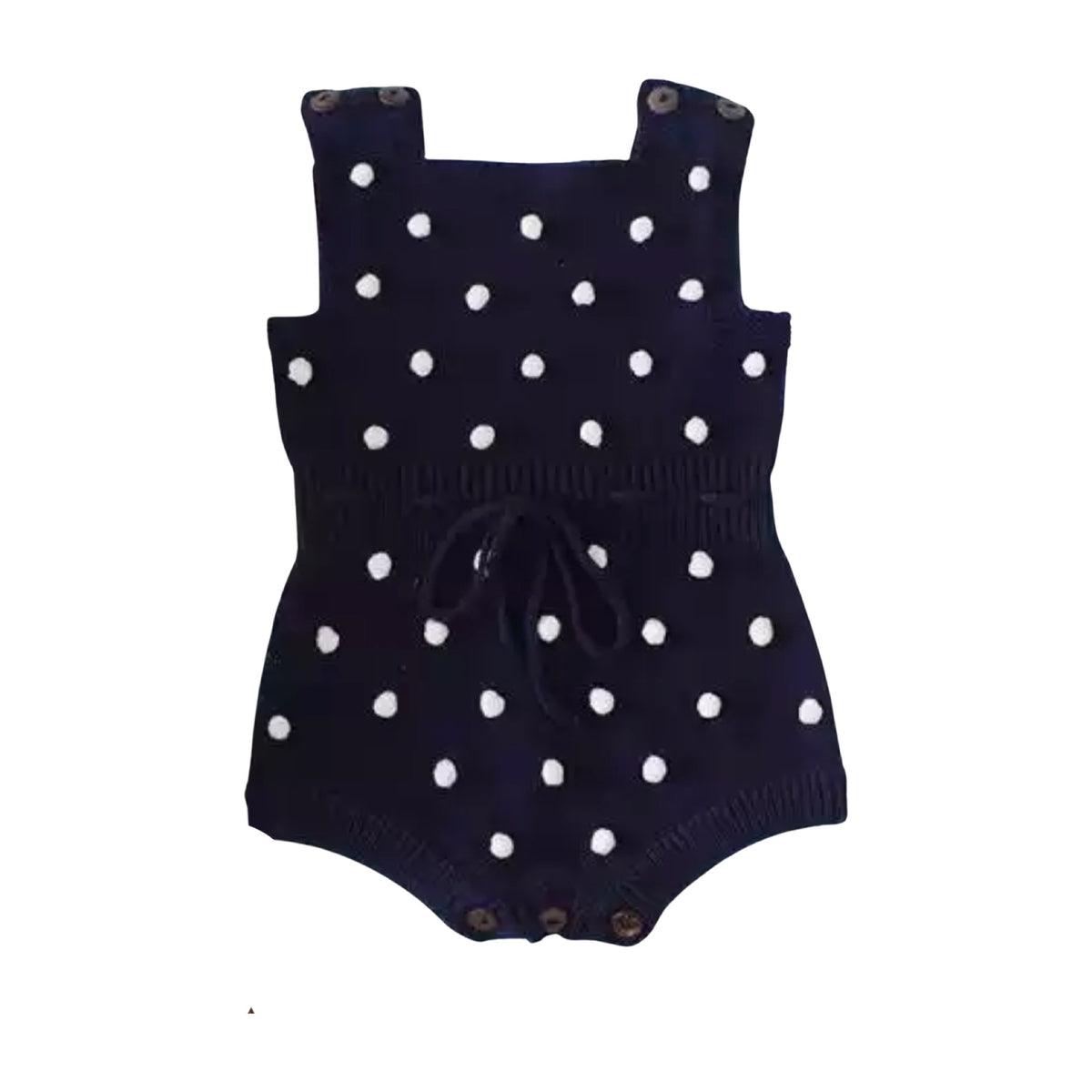 Baby Girl Knitted Romper with Bobbles / Pom Pom - Navy / White.