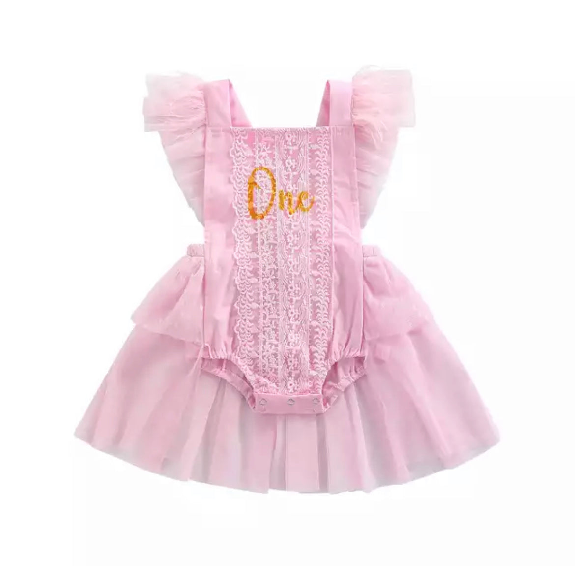 Girls First Birthday Lace “One” Romper - Pink.