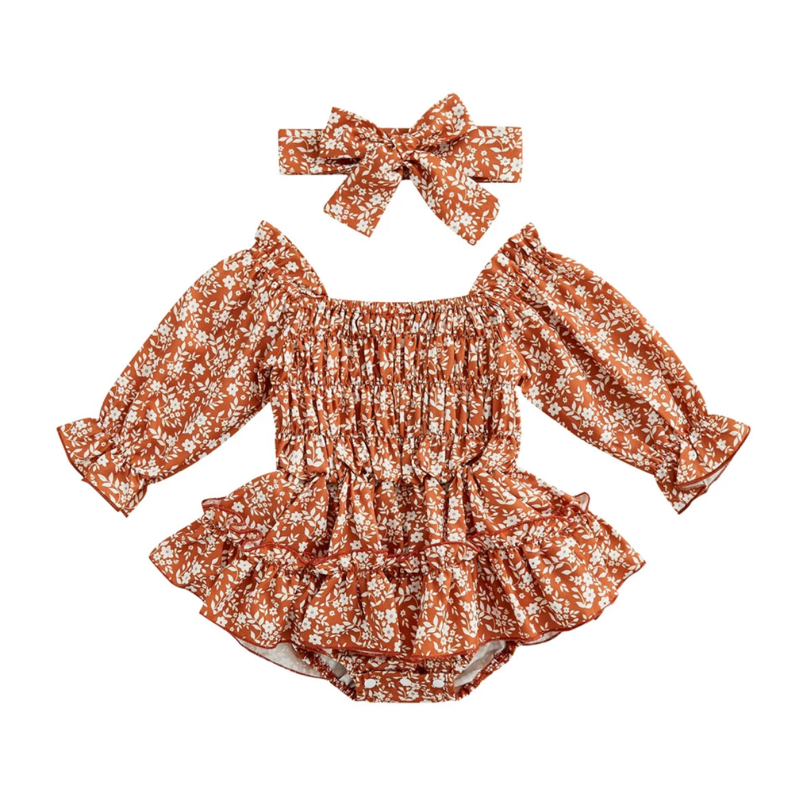 Sadie - Ruched Floral Long Sleeve Boho Romper.