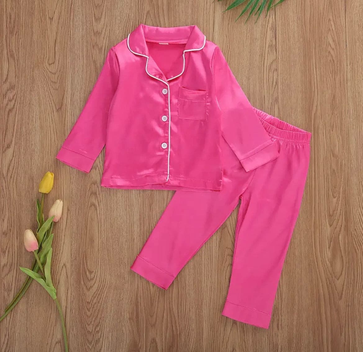 Kids Baby Satin Pyjamas - Bright Pink.