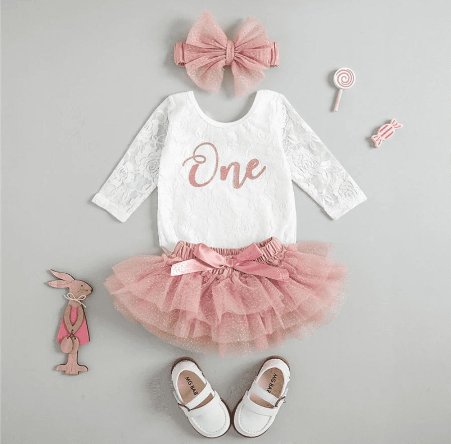One Birthday Girls First Birthday Lace Long Sleeve Romper Tutu Set
