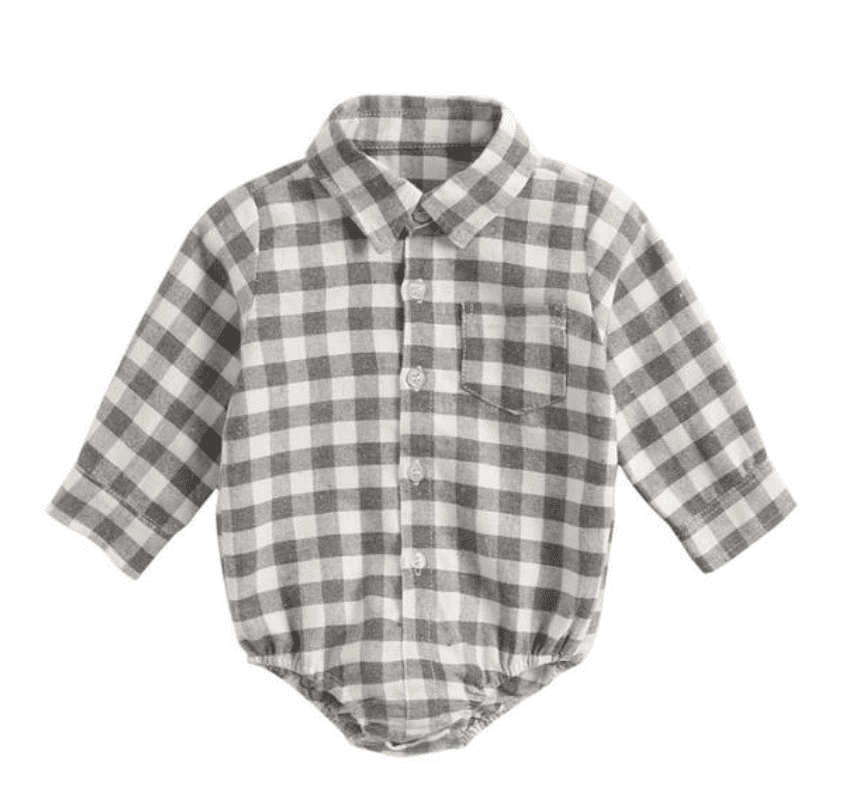 Baby Boys Plaid Check Shirt Romper  - Grey & White.