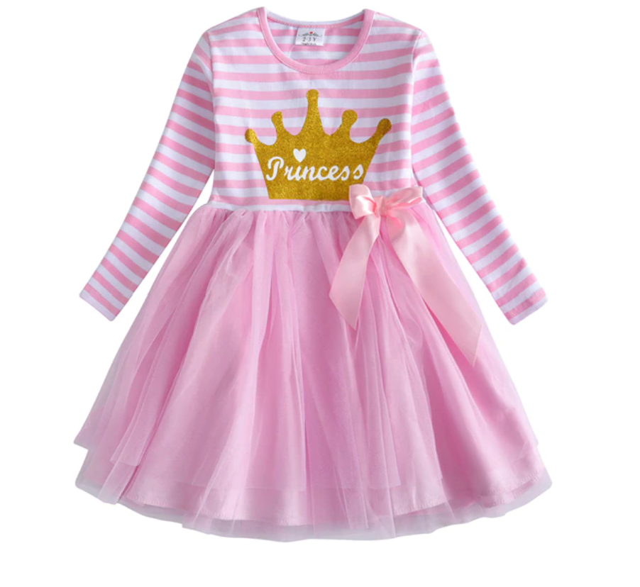 Princess -  Girls Long Sleeve Striped Pink and White Tulle Tutu Skirt Dress.