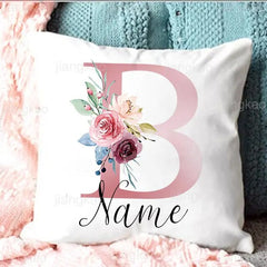 Personalised Pillow Cases Custom Initial Flower with Name Cushion Cover
