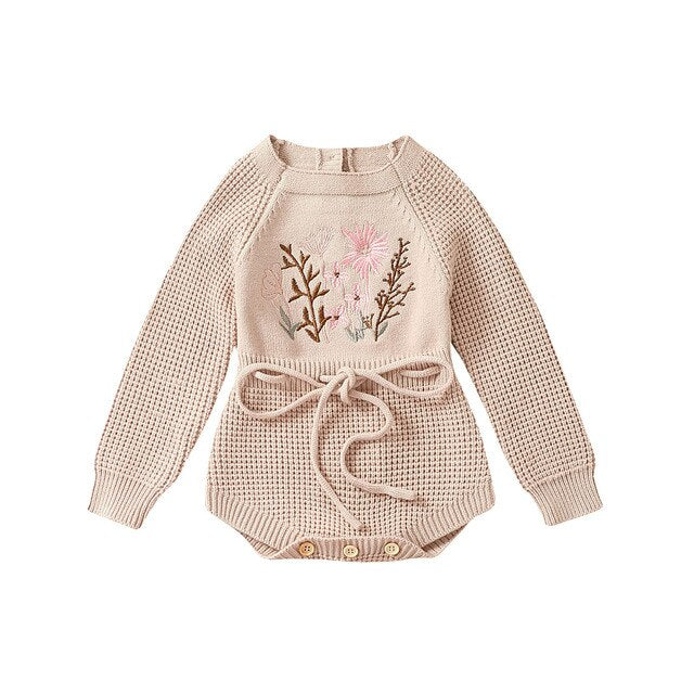  Baby Girls Romper Knit with Flower Embroidery, Long Sleeve 