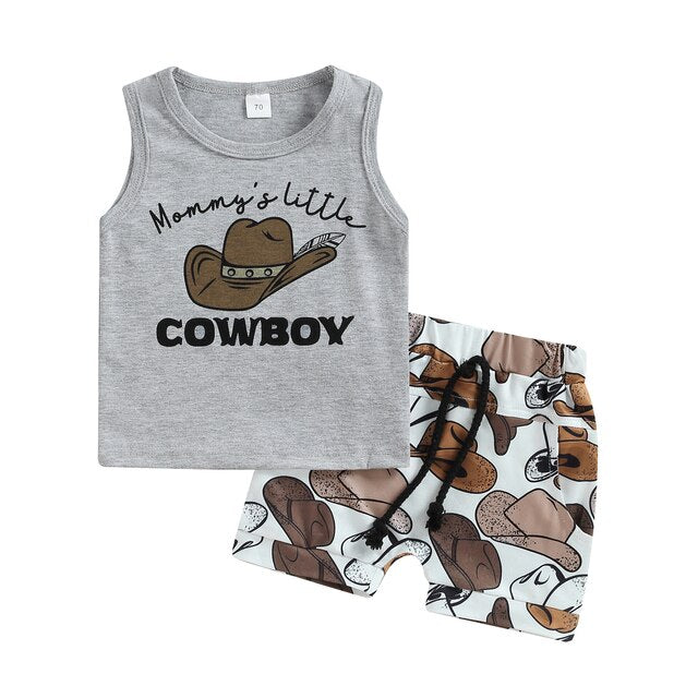 Mamas Little Cowboy - Cowboy Hat , Sleeveless Tank Top+ Shorts Casual Sets.