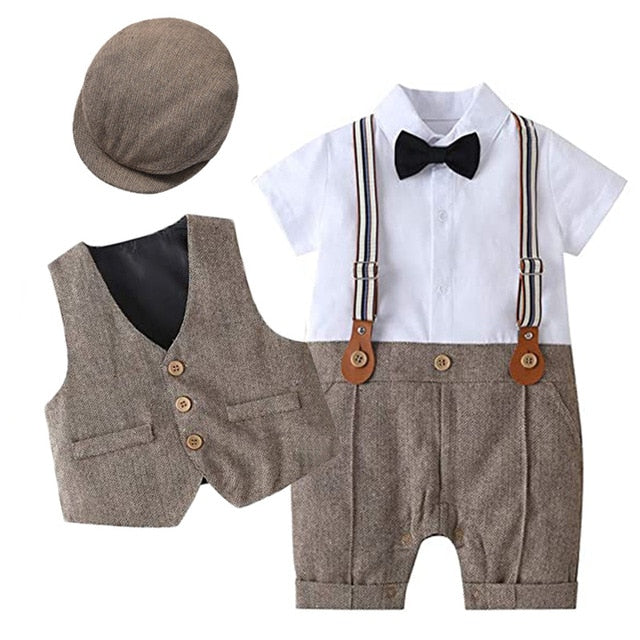 Baby Boy Formal Suit Romper Hat Set - Tweed Brown - Leo