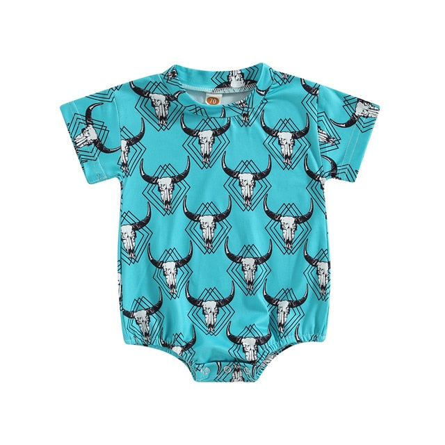 Bright Aqua Cowboy Aztec Tee Romper - Baby Boys Trendy Cowboy Romper Tee