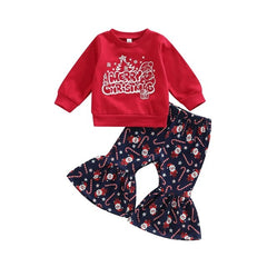 Girls Christmas Clothing Set - Long Sleeve Letter Print Sweatshirt + Flare Pants