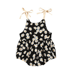 Daisy Print Cotton Tie Shoulders Romper , Color - Black