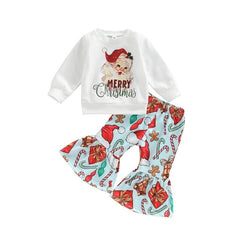 Girls Christmas Clothing Set - Long Sleeve Letter Print Sweatshirt + Flare Pants