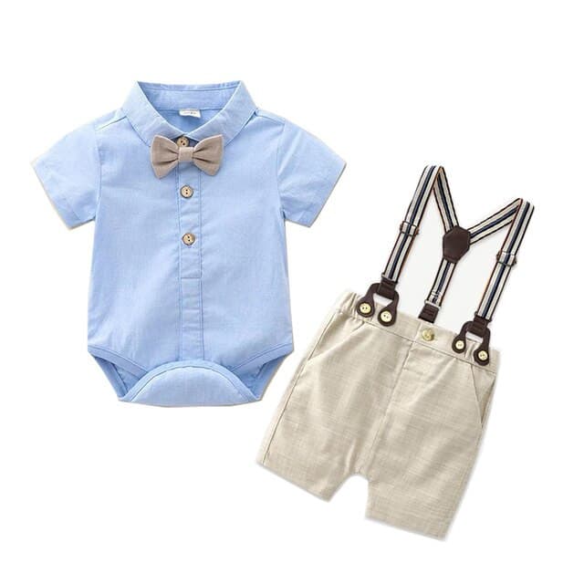 Randall - Toddler Boy Summer Suit Set - Infant Bow Tie Blue Shirt+Suspender Shorts.